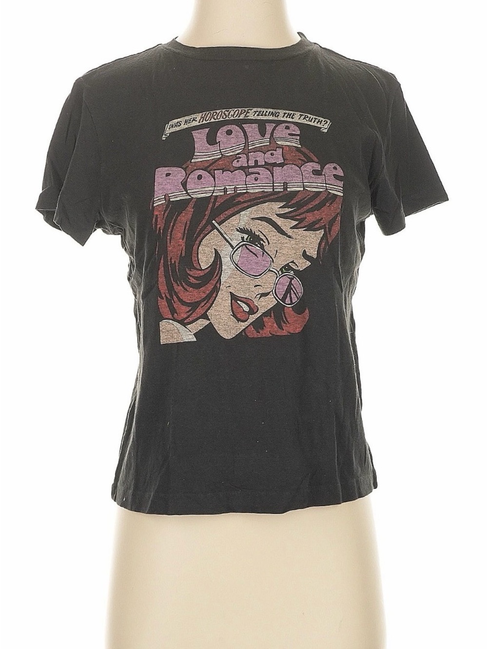 Re/Done Black 'Love and Romance' Graphic Tee with Pink and Red Artwork